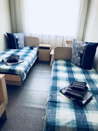 a living room with two beds and a couch at Hotel - Hostel Marichka in Khmilnyk
