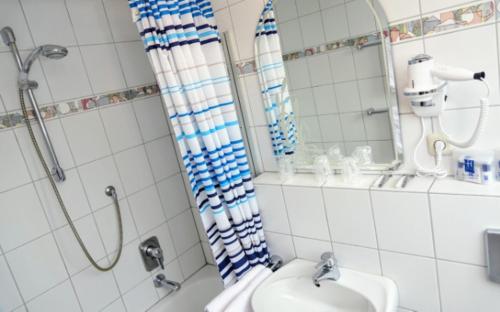 een badkamer met een douche, een wastafel en een spiegel bij Hofreit am Bierkeller in Kehl am Rhein