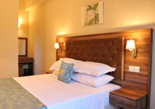 a bedroom with a large bed with two pillows at Meryem's Hotel in Kérynia