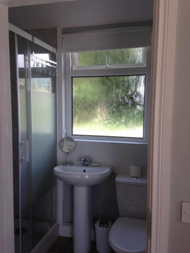 a bathroom with a sink and a toilet and a window at 'Uncle Owenie's Cottage' in Crossmaglen