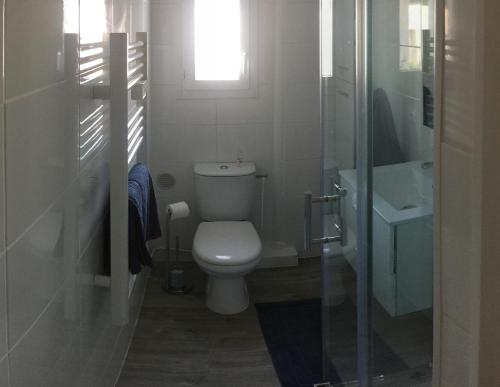a small bathroom with a toilet and a sink at Cosy's'Plage in Kerderff