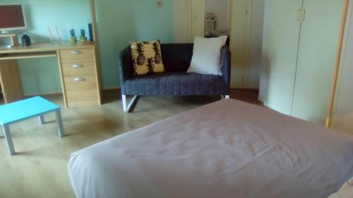 Zimmer mit einem Bett, einem Sofa und einem Tisch in der Unterkunft Les Barrerres in Hontanx