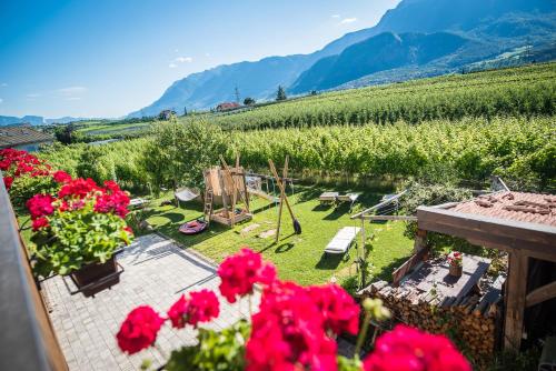 a view of a garden with flowers and a vineyard at Lochererhof in Appiano sulla Strada del Vino