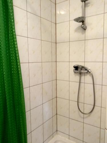 a bathroom with a shower with a green shower curtain at Schronisko Młodzieżowe Małgosia in Łazy