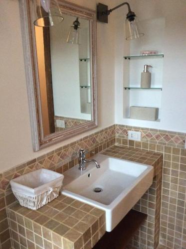 uma casa de banho com um lavatório e um espelho em Strada delle Zamponare 1 em Porchiano