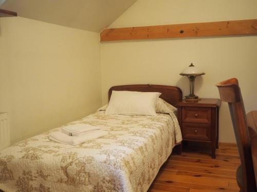 a bedroom with a bed and a table with a lamp at Leśniczówka Nibork in Nidzica