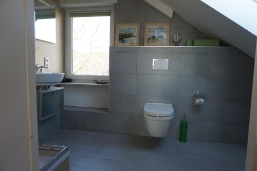 a bathroom with a toilet and a sink and a window at Ferienwohnung am See in Bad Lippspringe