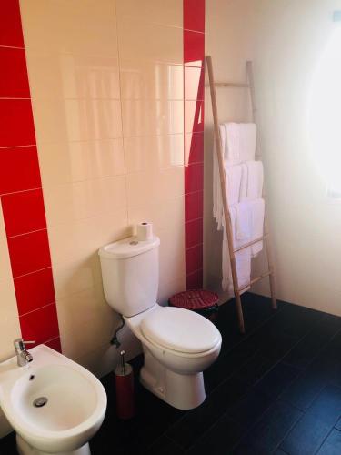 een badkamer met een wit toilet en een wastafel bij Casa Milheiras in Almeirim