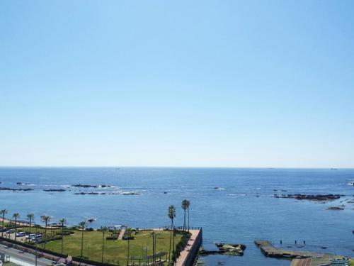 a view of a large body of water with palm trees at Nangoku Hotel in Minamiboso