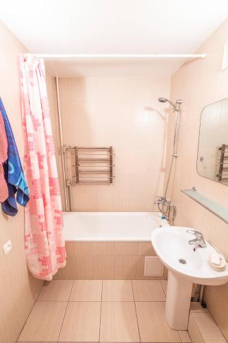 a bathroom with a sink and a tub and a toilet at Затишна квартира біля Льодограю in Bohuslav