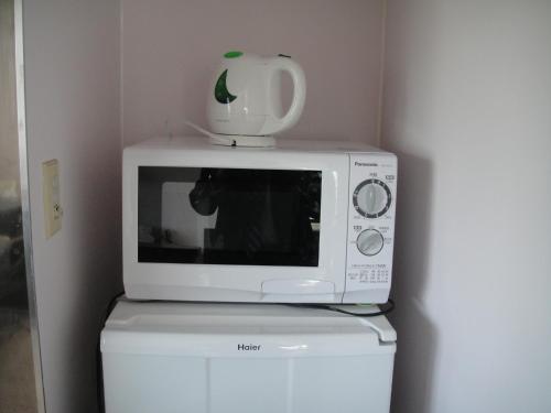 a microwave sitting on top of a refrigerator at Nikko Park Lodge Tobu Station in Nikko