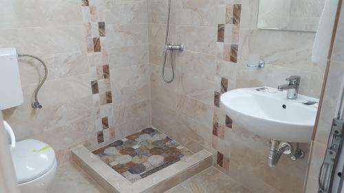 AfumaţiにあるPensiunea Cris-Andreのバスルーム(シャワー、洗面台、トイレ付)