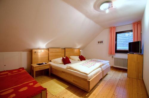 a bedroom with a bed and a television in it at Gästehaus Im Tal 18 in Hellenthal