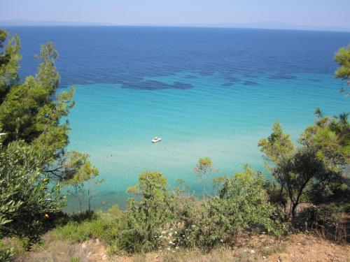 a view of the ocean from a hill at Petra in Afitos