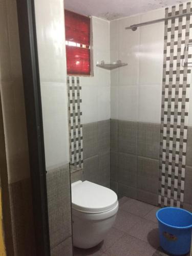 a bathroom with a white toilet and a shower at Nimmu Guest House & Restaurant Gokarna in Gokarna