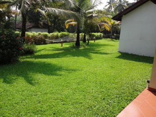 a yard with palm trees and a hammock in the grass at Abad Whispering Palms in Kumarakom