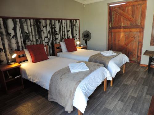 two beds in a hotel room with a window at Teri-Lemveli Lodge in Beaufort West