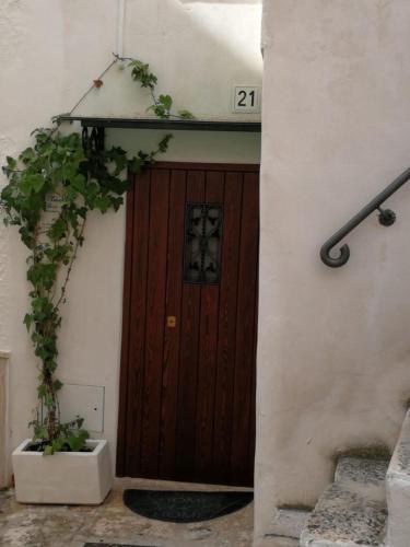 a wooden door in a building with a plant at L' Edera in Fasano