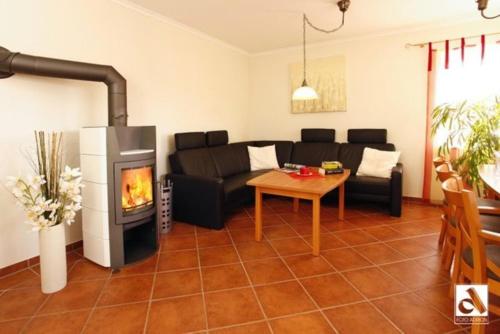 a living room with a couch and a fireplace at Haus Seeschwalbe in Ostseebad Karlshagen