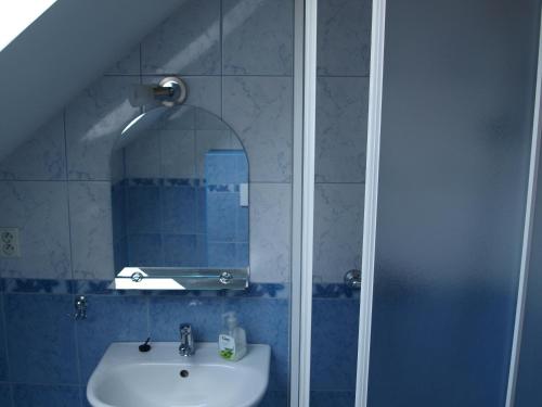 a bathroom with a sink and a shower with a mirror at Penzion Dominika in Oravský Biely Potok
