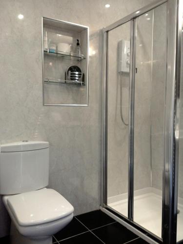 łazienka z toaletą i prysznicem w obiekcie Aaran Lodge Guest House w Edynburgu