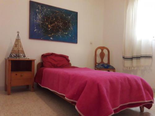 1 dormitorio con 1 cama con manta rosa en Abdel & Zara, en Essaouira