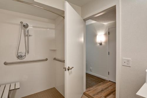 a bathroom with a walk in shower next to a door at Hampton Inn Columbia-I-26 Airport in Columbia