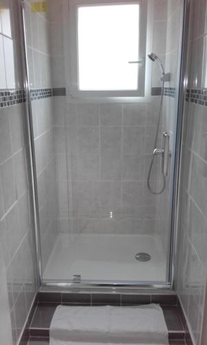 a bathroom with a shower with a glass door at Logis Hôtel Beauséjour in Chauvigny