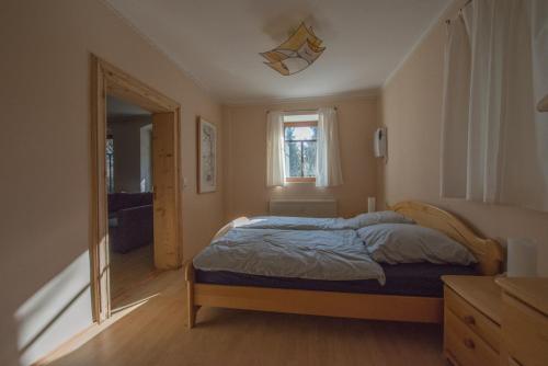 een slaapkamer met een bed en een raam bij Am Wilden Mann in Dresden