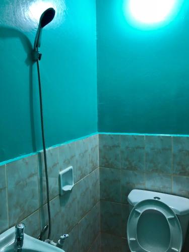 a bathroom with a toilet and a blue light at Michelina Princess Guest House in Loboc