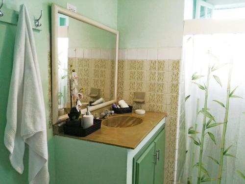 a bathroom with a sink and a mirror at La casa azul in Cartagena de Indias