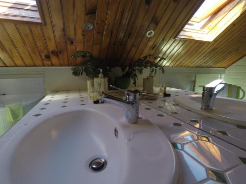 Baño con lavabo blanco y techo de madera en ORKY-MEL, en Petite Île