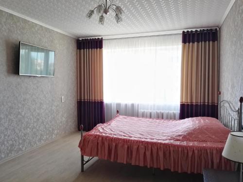 トヴェリにあるApartamenty Okolo Vokzalaのベッドルーム1室(ピンクベッド1台、窓付)