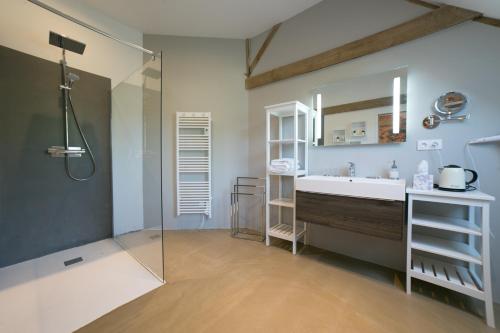 uma casa de banho com um chuveiro, um lavatório e um espelho. em Les Dames de Nage em Grand-Champ