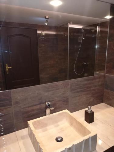 a bathroom with a sink and a shower at "Zacisze" in Zgierz