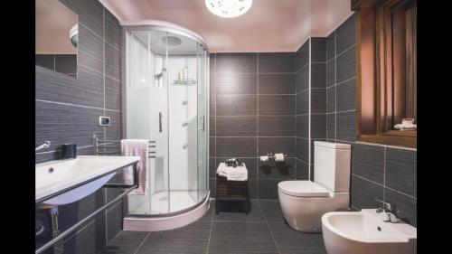 a bathroom with a sink and a toilet and a shower at B&B Terrazza dell'Etna in Mascalucia