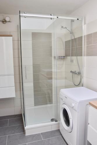 a washing machine in a bathroom with a shower at Apartment der Entspannung in Braunlage