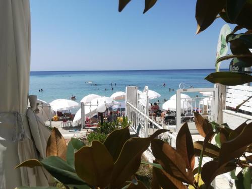 a beach with umbrellas and people in the water at Christina Apartments in Fourka