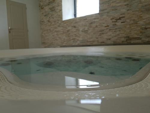 a jacuzzi tub in a bathroom with a mirror at Domaine de la Fauvriere in Sainte-Honorine-de-Ducy