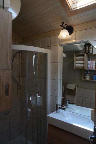 ein Badezimmer mit Waschbecken, Dusche und Spiegel in der Unterkunft Studio ALPIKA in Luče