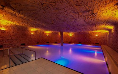 a swimming pool in a cave with purple lighting at Ferienhüsli in Siglistorf