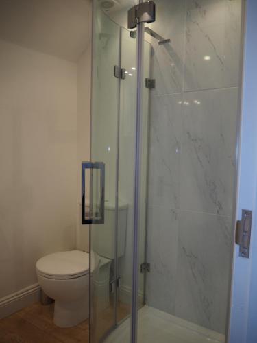 a bathroom with a glass shower with a toilet at Hayloft in Pulborough