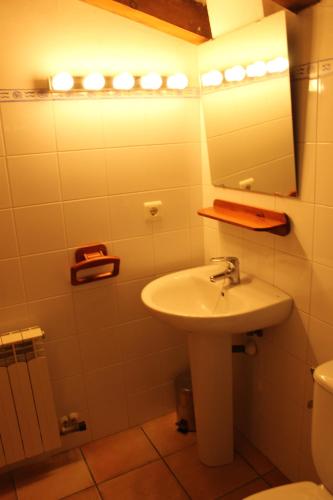 a bathroom with a sink and a mirror and a toilet at Ca la Nuri in Senant