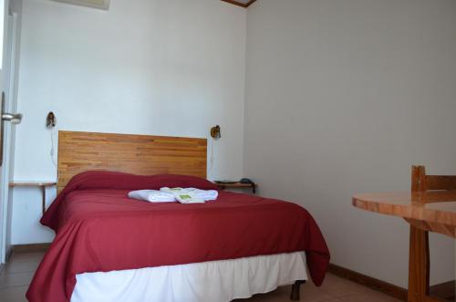 a bedroom with a red bed with a wooden headboard at Hotel Romi in Colonia del Sacramento