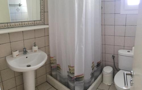 a bathroom with a sink and a toilet and a shower curtain at Aegeo Inn Apartments in Antiparos Town