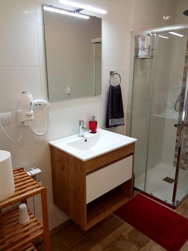 un baño con lavabo y ducha en Pensión Sotelo, en Logroño