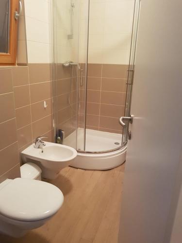a bathroom with a shower and a toilet and a sink at Apartman Di in Mali Lošinj