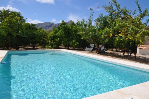 a swimming pool with trees and mountains in the background at Casona Villa Paquita - Lujosa Villa de 1913 in Ondara