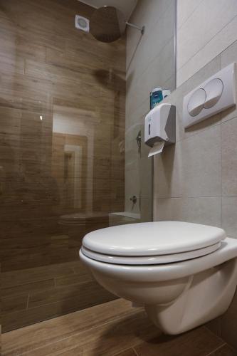 a bathroom with a white toilet and a shower at Apartment Promenada 30 in Novi Sad