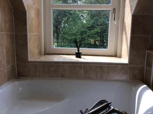 e bagno con finestra e vasca. di Craig Cottage a Banff